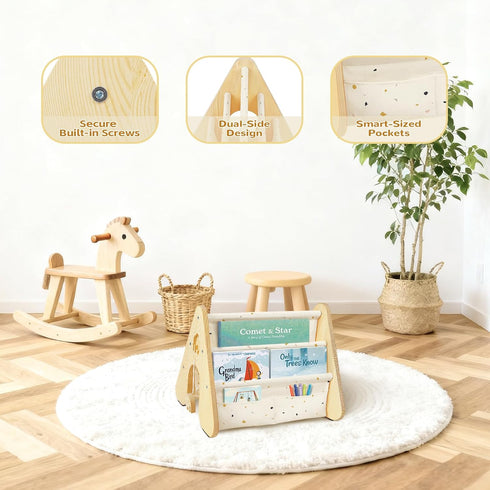 Toddlers,4 Wooden Kids Bookshelf with Double Side, Montessori Book Shelf for Tier Sling Book Rack for Baby Nursery