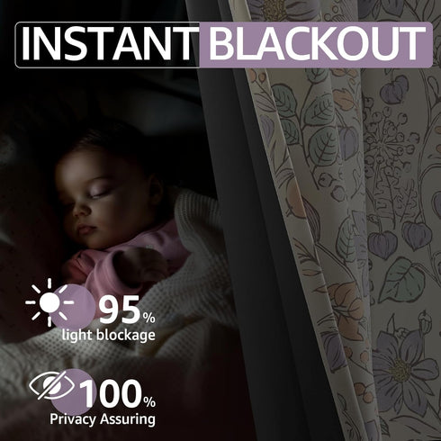 jinchan 95% 63 Inch Grommet Set 2 Nursery Curtains Blackout Purple Floral Curtains for Girls Room, Length Farmhouse