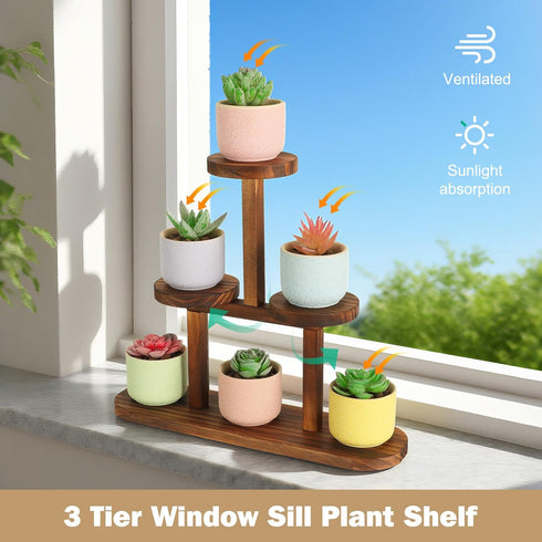 3 Desktop,Countertop,Window,Kitchen,Office Tier Wood Table Top Plant Stand,Small Windowsill Plant Shelf Desk Succulent