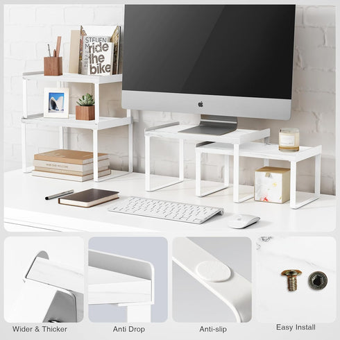 White Marble Kitchen Counter Shelf Organizer, Set of 4 Stackable 2 Tier Risers for Books, Monitor, Cabinet Space