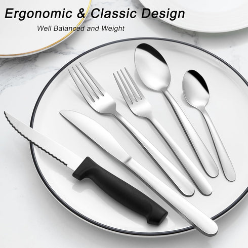 Pleafind 24-Pieces Silverware Set for 4, Stainless Steel Flatware Set with Steak Knives, Dishwasher Safe Utensils