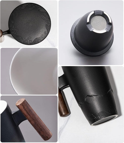 400ml/13.5oz suyika Tomotime Ceramic Tea Cup with Infuser and Lid Tea Mugs Wooden Handle Black