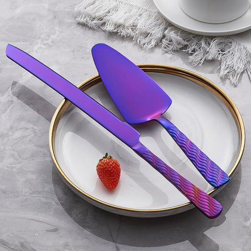 Purple Wedding Cake Knife and Server Set, Stainless Steel Cake Cutting Set for Wedding, Birthday, Party