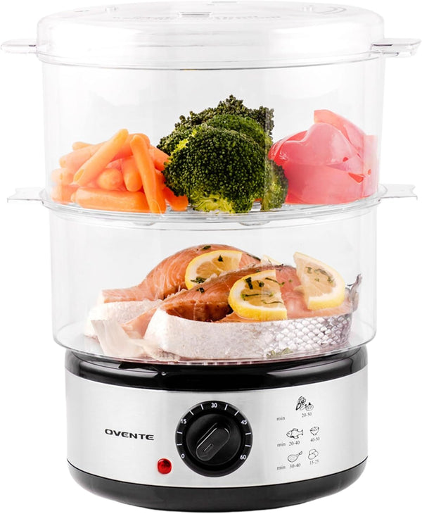OVENTE 2 Tier Electric Food Steamer - Stainless Steel Base, Stackable Baskets, 400W with 60-Minute Timer