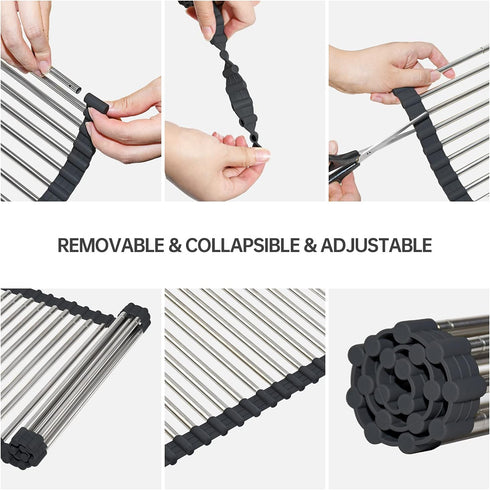 Expandable Large Roll Up Dish Drying Rack, Collapsible Over The Sink Non-Slip Silicone Rack for Kitchen