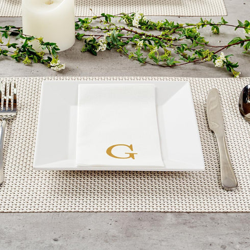15.8 7.9 Inch 50 Luxenap X Linen-Feel Guest Towels, Lettered Hand Towels - Gold Letter 'G', Sans Serif Font, White