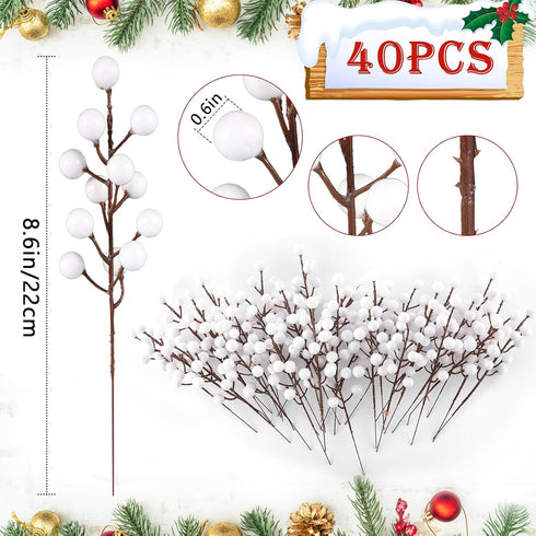 40 (40, Rowfad Pcs Artificial Berry Stems Branches, Christmas White Faux Holly Berries Picks Ornaments for Christmas