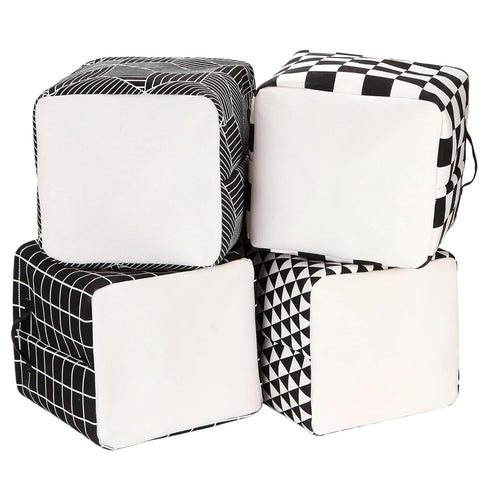 Sea Team Foldable Large Square Black and White Geometric Storage Bins, 100% Natural Linen & Cotton, Set of 4