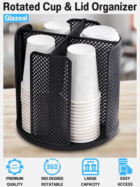 Rotatable Cup and Lid Organizer with 4 Compartments, Coffee Cup Dispenser for 5-16 oz Paper Cup Storage Organizer for Home Countertop Bathroom Kitchen Coffee Shop Restaurant Bar Office