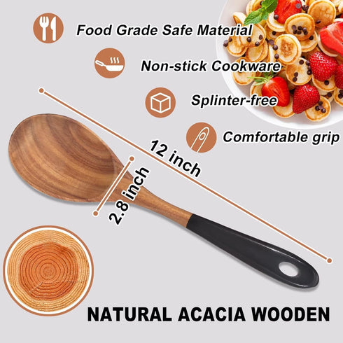 2 Pcs Large 12" Wooden Spoons for Cooking, Acacia Wood Mixing Spoons Set, Unique Kitchen Utensils