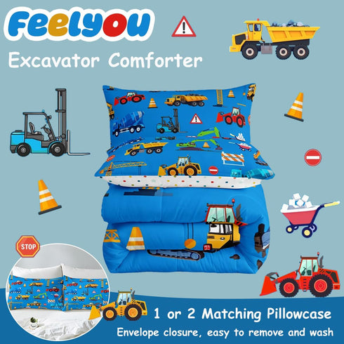 Set Set 1 Feelyou Construction Comforter Boys Twin Size Blue Excavator Bedding with Pillow Cases Kids Trucks Comforter