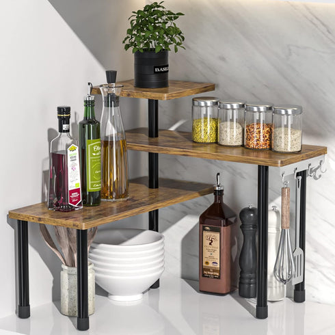 Countertop Organizer, 3 Tier Moveable Corner Shelf for Kitchen, Bathroom, Spice Rack, Rustic Brown