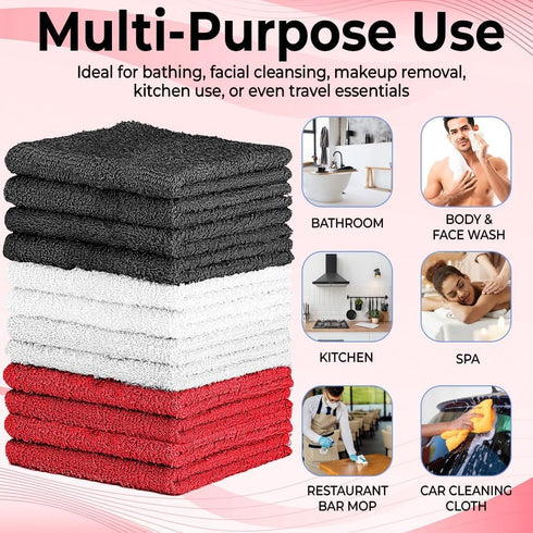 QUBA LINEN 100% Set 12x12 Inches, Pack 12 Cotton Washcloth Soft, Absorbent Face Towels for Bathroom & Gym Use Durable