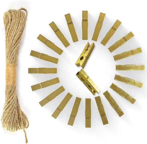 Mini Gold Clothespins - 50pcs Small Natural Wood Clothes Pins with Jute Twine for Photos Display, Gift Wrapping
