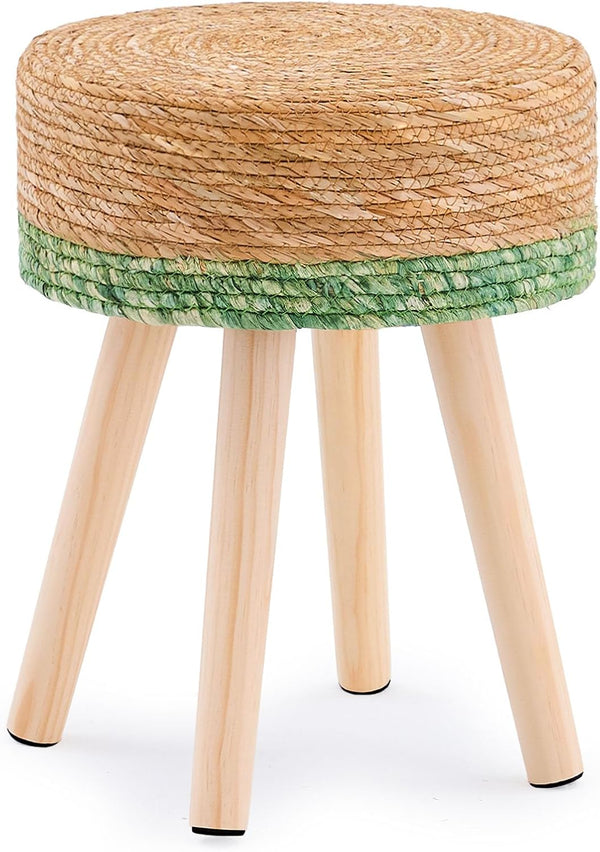 Handwoven Outdoor Ottoman, Water Hyacinth Pouf Round Patio Footstool with Wood Legs,
