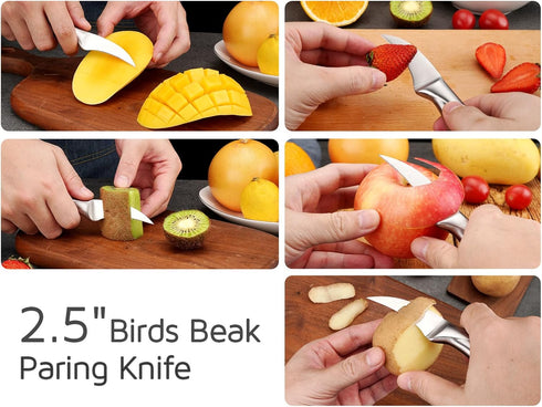 WELLSTAR 2.5 Inch Birds Beak Paring Knife, Sharp High Carbon Stainless Steel Curved Blade for Peeling