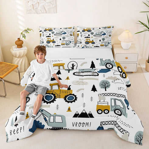 Set Set Set Set 3Pcs Feelyou Cartoon Car Kids Comforter Construction Bedding for Boys Toddler Decor Equipment Trucks