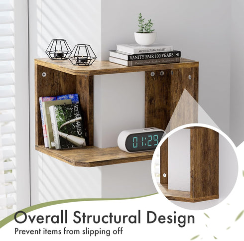 2-Tier Floating Corner Shelf, Floating Shelf for Wall, Wood Floating Book Shelf for Living Room, Bedroom, Bathroom