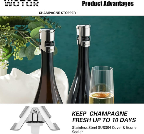 Champagne Stoppers with Stainless Steel Champagne Bottle Stopper with Food Grade Silicone Reusable Champagne Cork, Saver Suitable for Champagne, Cava, Prosecco, Sparkling Wine (Silver, 2pack) by WOTOR