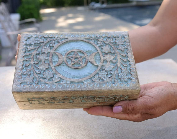 DharmaObjects Large Triple Moon Hand Carved Jewelry Trinket Keepsake Wooden Storage Box, Turquoise