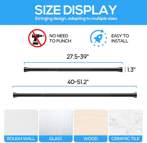 Tension Curtain Rod, Adjustable Spring Curtain Rod, Non Slip for Windows 28 to 48 Inch
