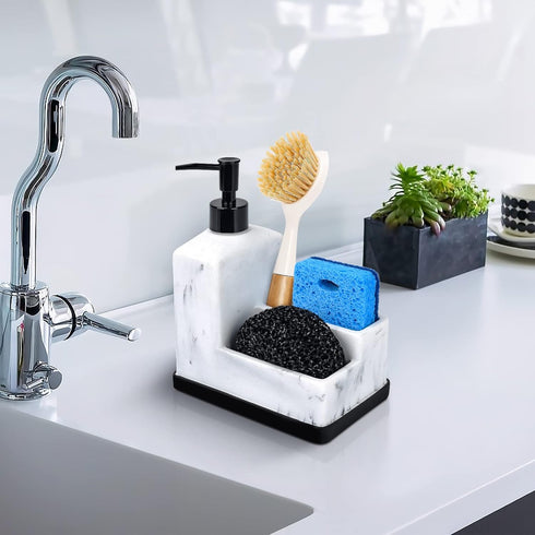 3 1 Countertop Dish Soap Dispenser with Sponge Holder,White Marble Look Liquid Hand and Dish Soap Dispenser and Spong