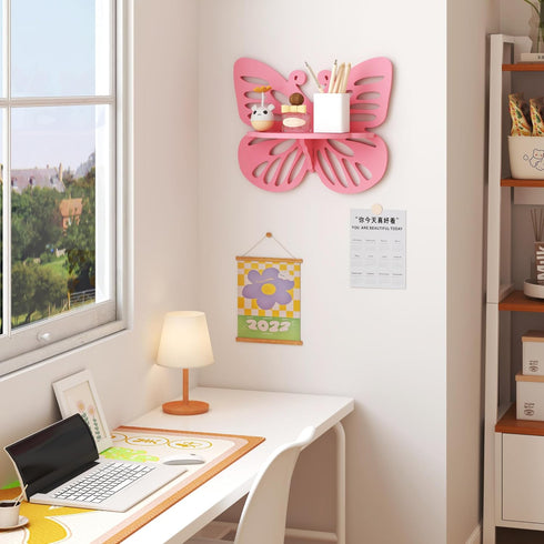 Pink Butterfly Shaped Floating Shelf for Girls Room, Cute Wall Display Rack for Nursery Decor, Small Decorative Shelf