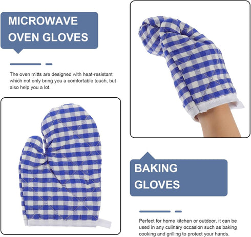 2Pcs Oven Mitts for Play Kitchen, Microwave Oven Gloves Kitchen Baking Mitts, Red Checkered s for Safe Backing Cooking