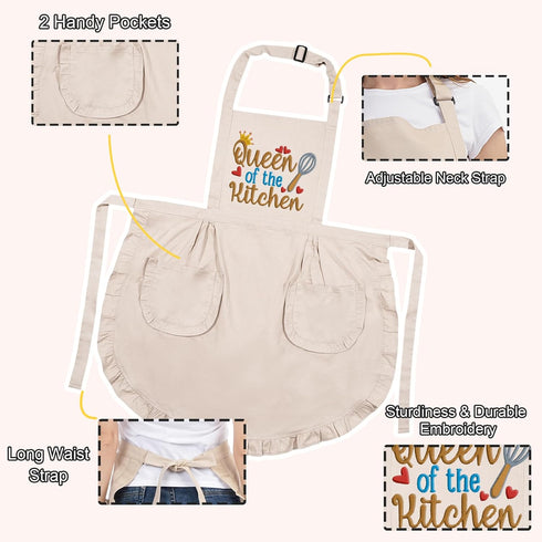 Fairy's Gift Funny Cooking Aprons for Women w/Pockets, Embroidered Cute Apron, Baking Apron, Queen of the Kitchen Apron, Mothers Day, Cooking Gifts for Women Baker Mom Wife Girlfriend
