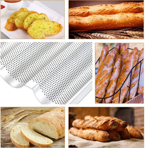 Stainless Steel Perforated Baguette Bread Pan, 15"x10" Loaf Pans for Baking, 3 Waves Toaster Oven Baking Tray (1 Pack)