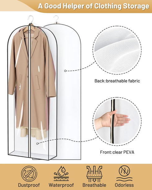 2 Packs MISSLO 65" Clear Garment Bags for Hanging Clothes, 4" Gusseted Dress Bags for Closet Storage Dress Protector