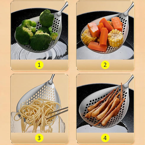 Large Stainless Steel Strainer - Food Grade Filter Spoon with Comfort Handle for Kitchen Cooking, Frying, Pasta