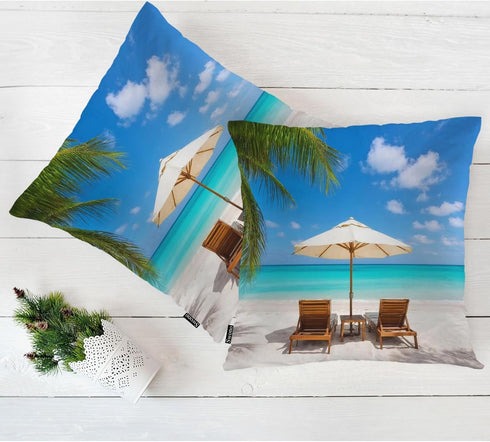 Swono Set 2 18 18 Inch of Decorative Throw Pillow Covers Turquoise Sea, Tropical Ocean Beach Chair Palms Farmhouse