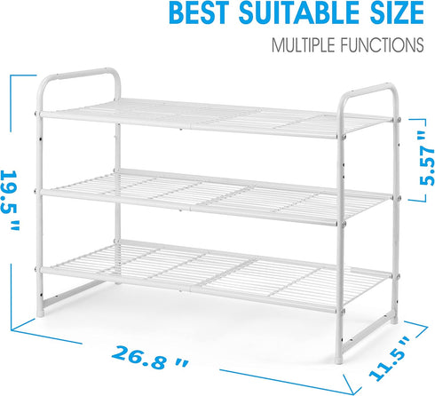 3-Tier Simple Trending Stackable Shoe Rack, Expandable & Adjustable Shoe Shelf Storage Organizer, Wire Grid, White