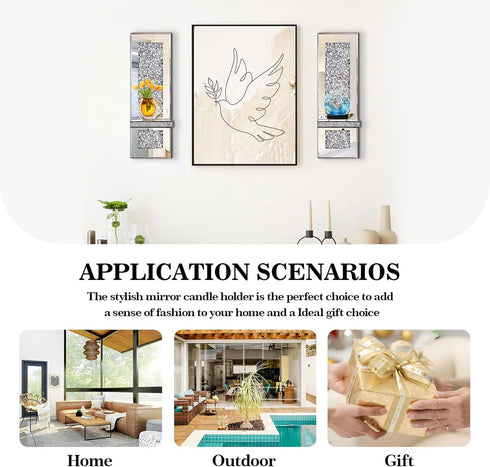 Azonsdop Set 2, Crystal Crushed Diamond Mirrored Candle Sconces of Glam Silver Wall Candle Holders for Living Room