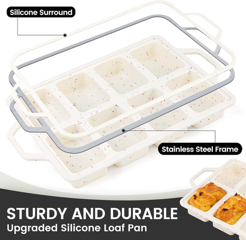 Silicone Mini Loaf Pans with Metal Reinforced Frame-2 Pack, Non-stick Silicone Bread Pan for Baking 8-Cavity, Tiny Banana Bread Pan Set, Dishwasher Safe Brownie Pan-Cream by Vinino