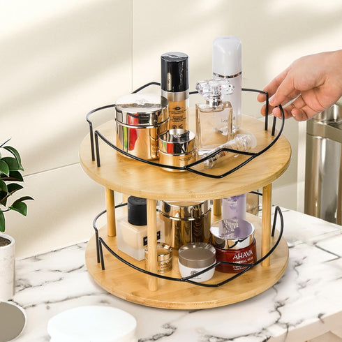 Yopay Lazy Susan Organizer 2 Tier, Bamboo Rotating Spice Rack for Kitchen Countertop, Spinning Makeup Turntable (11