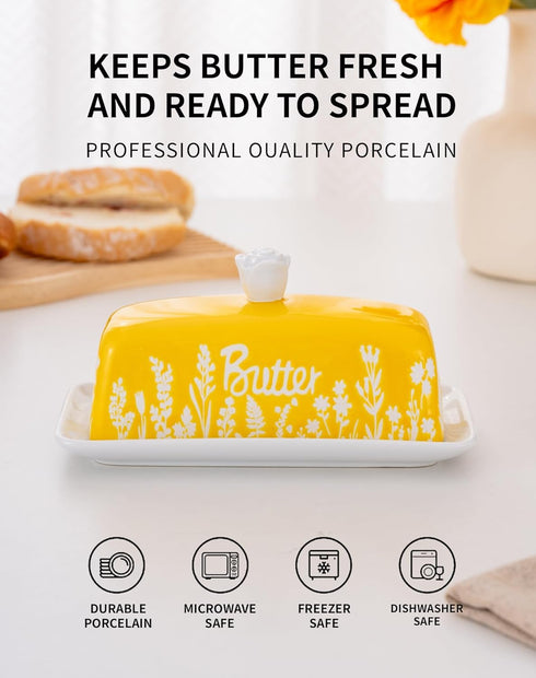 Countertop TEATALK Ceramic Butter Dish, Ideal for Use, Holds Standard Butter Sticks, Yellow