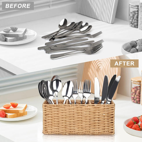 Ayiaren Wicker Flatware Caddies, Best Kitchen Silverware Organizer, Storage for Countertop, Party Utensil Holder