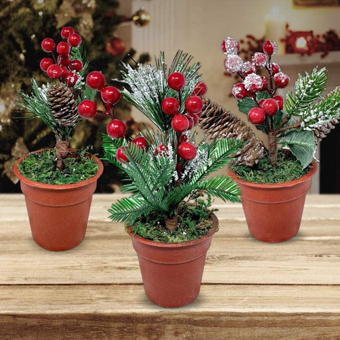 Christmas Tabletop Decorative Pots Set of 3 with Pine Red Berries, Pine Cones Greenery - Snow Flocked Xmas Holiday Decor
