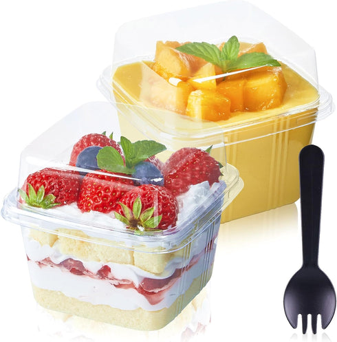 TOFLEN 50Ct 8 oz Square Plastic Dessert Cups with Lids and Sporks,