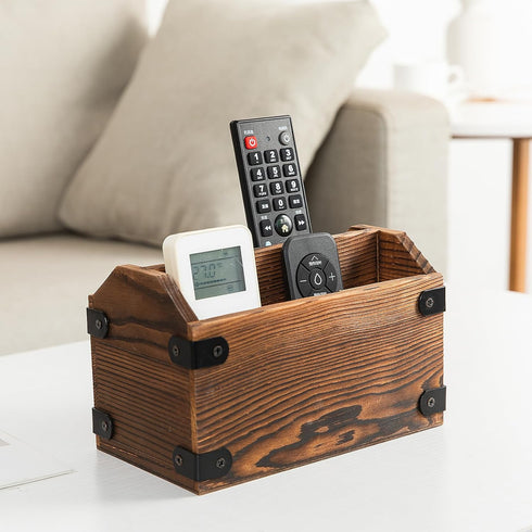 Brown Torched Wood Remote Control Organizer, Two Compartment Holder for TV, Game Consoles, Cell Phone, Kitchen