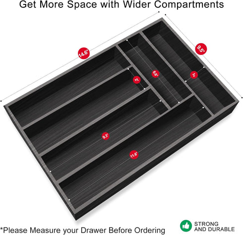 Ayiaren Kitchen Wood Utensil Tray Drawer Organizer, 14.6"x9.5" Black Bamboo Silverware Divider for Flatware and Cutlery