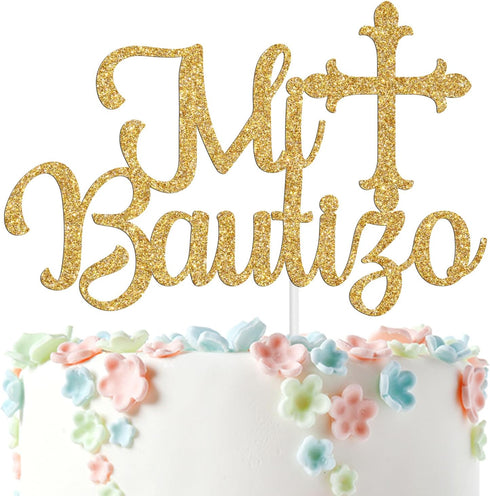 Spanish Mi Bautizo Cake Topper, Baby Shower Party Decor, Gold Glitter for 1st Birthday/Gender Reveal
