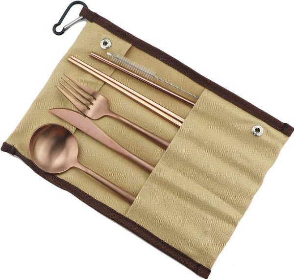 Reusable Travel Utensils, 7 Piece Portable 304 Stainless Steel Set with Pouch, Eco-friendly Camping Silverware