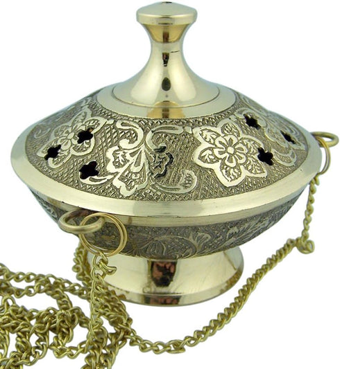 Religious Gifts Gold Plate over Brass Conical Incense Holder, 3 1/2" Dia - 3" H with 9" Chain