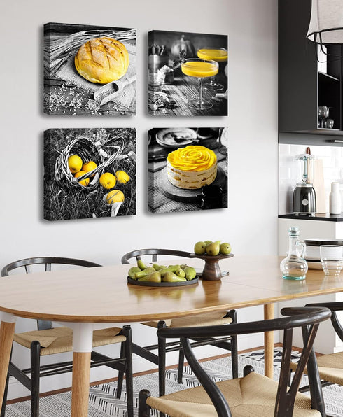 DJSYLIFE Kitchen Wall Decor, Black and White Yellow Canvas Print for Cafe Dining Room Decoration