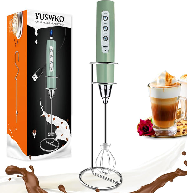 YUSWKO Granite Rechargeable Milk Frother for Coffee - Handheld Drink Mixer with 3 Heads and 3 Speeds for Latte and