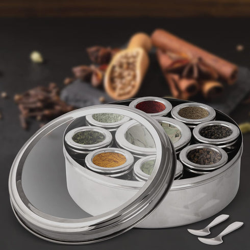 9 KSJONE Large Spice Container Masala Dabba With Compartments, Masala Box, Spice Container Box, Stainless Steel Spice