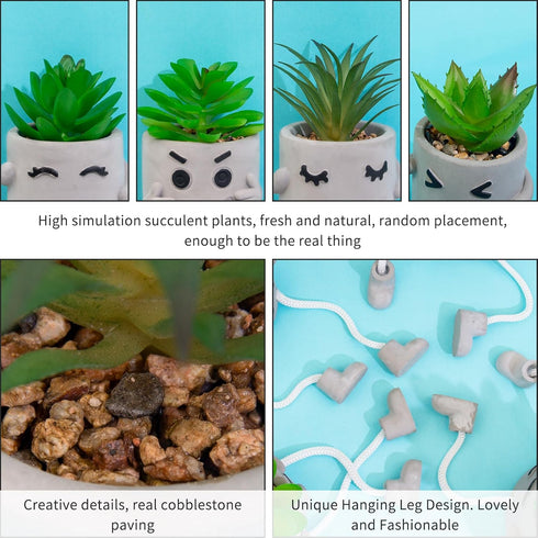 Set 4 of Small Faux Succulents in Cement Pots with Hanging Legs, Potted Mini Fake Plants for Desk, Office Cubicle